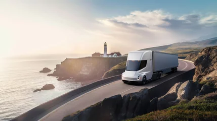 Tuinposter Futuristic self-driving electric truck on a scenic coastal road near a lighthouse during golden hour © Татьяна Евдокимова