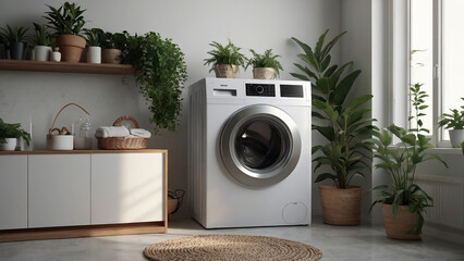 modern washing machine in White laundry interior with plants.