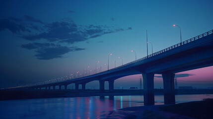 Fototapeta na wymiar Twilight Serenity Over A Calm River With An Illuminated Bridge. AI.
