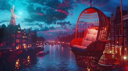 an AI-generated visual narrative portraying a surreal scenario of a vintage rattan chair hovering above the enchanting city of Amsterdam, accompanied by a glowing firefly,  - obrazy, fototapety, plakaty