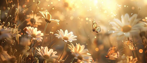 Sunlit daisies swaying gently in the breeze, their petals aglow with the warmth of summer, while butterflies flit and dance among the blossoms.