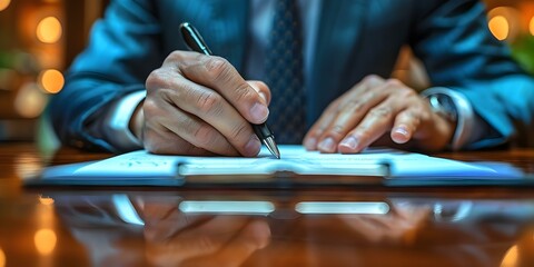 Businessman's Hands Signing Contract at Modern Office Desk with Focus on Paperwork and Pen. Concept Business, Office, Contract, Sign, Pen - obrazy, fototapety, plakaty