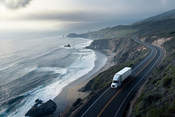 Truck navigating a scenic coastal road with ocean views at dusk