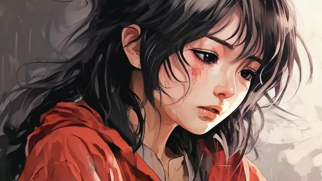 Hand-drawn anime style Japanese woman crying. Anime 4k animation video.