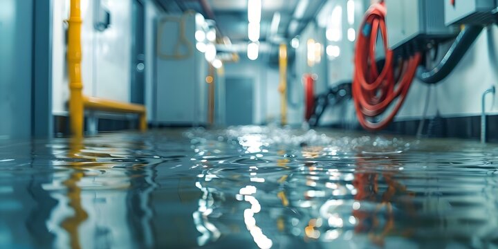 Mopping up flooded electrical room with deep water blurred cables Water damage from snowmelt or burst pipe. Concept Water Damage Restoration, Flooded Electrical Room, Snowmelt Incident