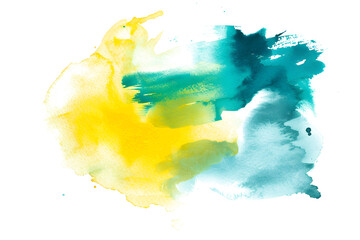 Yellow and teal watercolor abstract stain on white background.