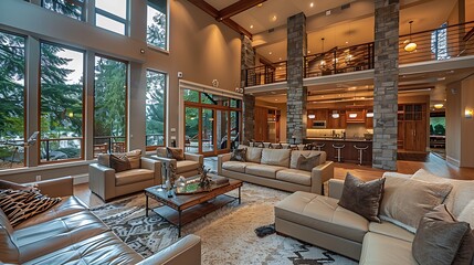 Huge present day extravagance lounge inside in Bellevue home - obrazy, fototapety, plakaty