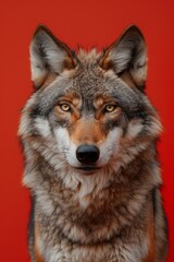 Close-up portrait of a timber wolf on a red background.