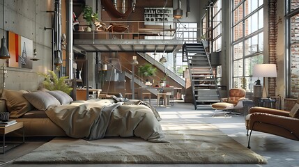 Industrial Style Loft Open Space Living Room and Bedroom