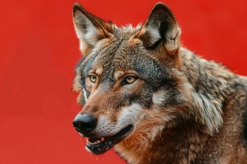 Obraz premium Close-up portrait of a timber wolf on a red background.