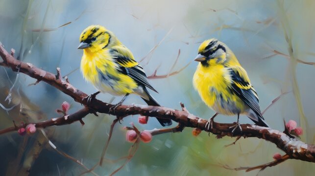 Two yellow siskins are sitting on a tree branch with pink flowers.