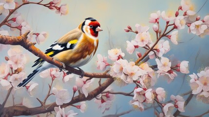 Colorful goldfinch bird on a cherry tree branch. - obrazy, fototapety, plakaty