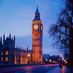 Fototapeta na wymiar Londons Big Ben, blue hour, wide shot, historic charm for classic city background , high-resolution