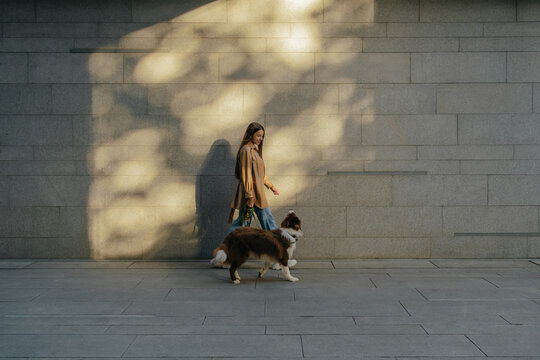 Unrecognizable woman walking with pet dog on street