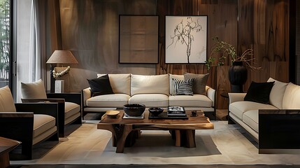 interior design living room with black beige colored furniture and wooden element