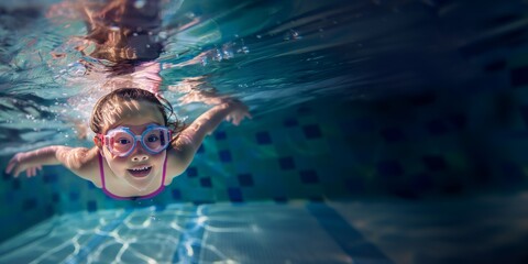 Fototapeta premium Poolside Happiness: Girl Delighting in Swimming and Playful Water Activities