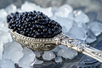 A metal spoon with several black beads placed on top, A luxurious spread of caviar served on ice with a silver spoon, AI Generated