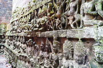 Bas reliefs depicting scenes from Hindu mythology at Terrace of the Leper King at Siem Reap,...