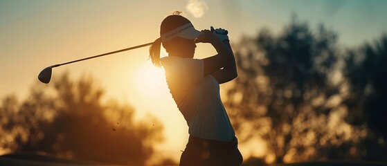 Young junior female golfer practicing to stroke in a golf course ground with the beautiful sun setting scenery nature environment. Golf practicing. Golfing golf course. Generative AI - obrazy, fototapety, plakaty