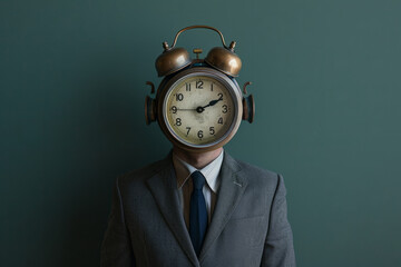A businessman with a vintage alarm clock with two bells in place of his head, symbolizing...