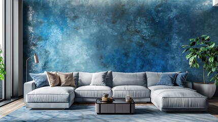 Interior design of modern apartment gray sofa in contemporary living room blue stucco mockup wall