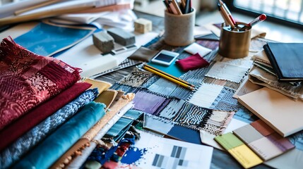 Interior designers working table an architectural plan of the house a color palette furniture and fabric samples