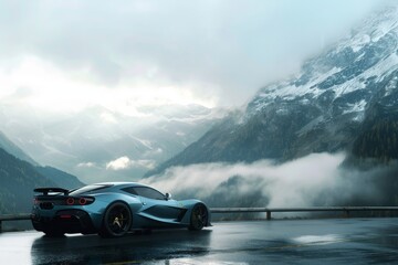 A blue sports car drives swiftly on a wet road, creating sprays of water behind it, A majestic...