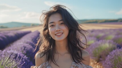Portrait of a smiling young Asian woman in a lavender field.