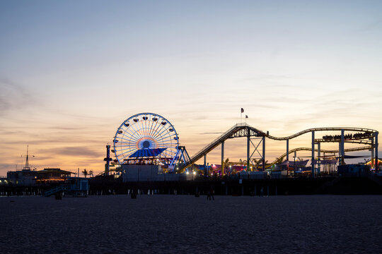 Santa Monica pier At Dusk with amusement Park