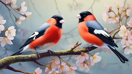 Two red bullfinches are sitting on a tree branch with pink flowers. The background is hazy and has more colors.