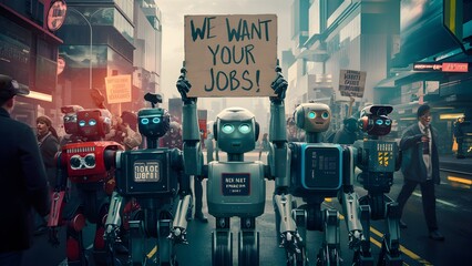 Robots protesting on the street with sign 