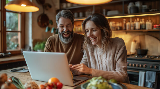 Smiling Couple Browsing on Laptop in Cozy Kitchen Setting