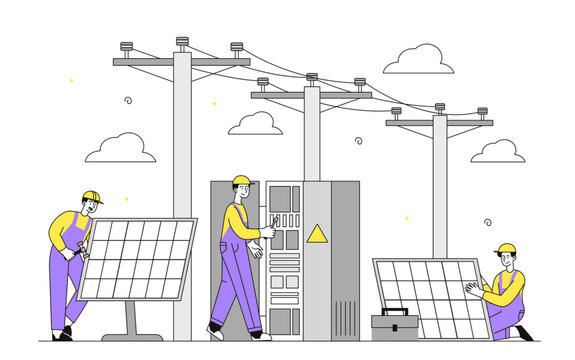 Electricians workers with solar panels vector linear