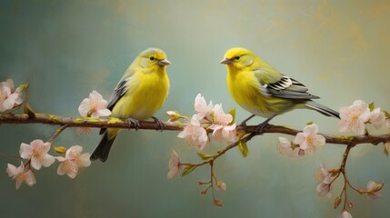 Obraz premium Two yellow siskins are sitting on a branch of a blossoming cherry tree.