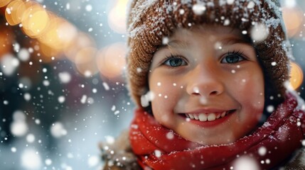 A young child wearing a red scarf and a brown hat is smiling while snowflakes fall around them.