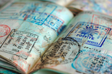 Multiple customs stamps scattered on an open passport