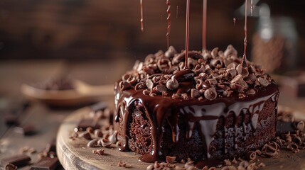 Velvety chocolate pouring from the top of a sumptuous cake, forming luscious streams that beckon...