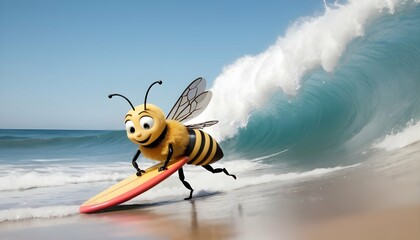 a-bee-with-a-surfboard-riding-waves-at-the-beach-
