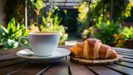 Coffee and croissant, fresh breakfast in summer garden café