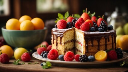 Naklejka na ściany i meble Delicious cake with fruits