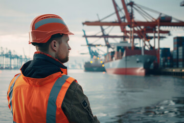 An engineer or dock-worker mooring a ship in a container port, with the ship and cranes in the background - obrazy, fototapety, plakaty