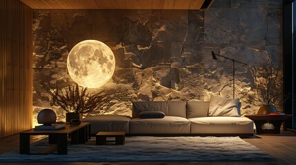Interior with sofa stone wall panel backlight moon lamp and decor