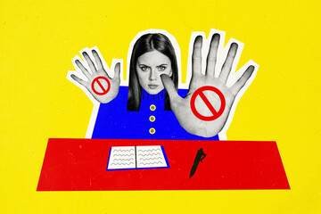 Composite collage picture image of girl say no working employee deny rejection fantasy billboard...