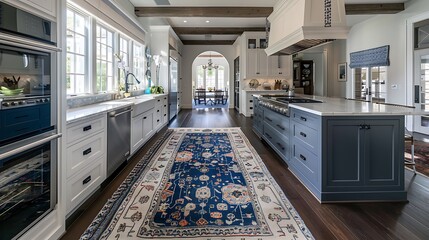 Kitchen galley with dark hardwood floors and blue rug to match island cabinet