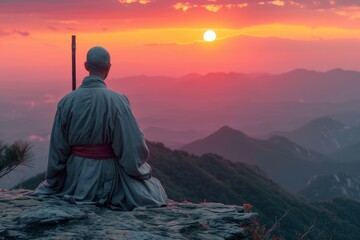 Shaolin monk in the mountains - obrazy, fototapety, plakaty