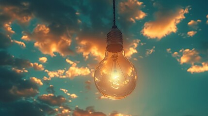 Lightbulb: A giant lightbulb hangs in the sky - obrazy, fototapety, plakaty