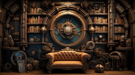 The sofa stands in front of a wall with bookshelves. There is also a large clock on the wall and many different gears attached to it. Steampunk style.