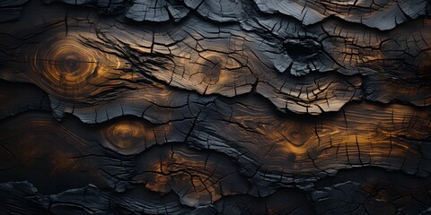 creative background,texture of burnt wood with dark brown bark,with black scorch marks,covered with...