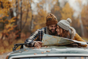 A couple leaning on the hood of their car, reading a map during a road trip - Powered by Adobe