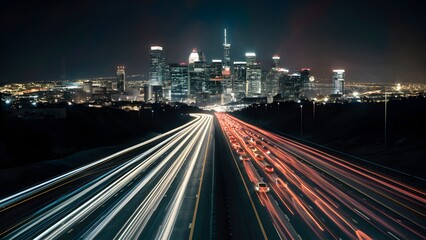 Highway to the city, busy road traffic at night, moving cars light trails, long exposure photo